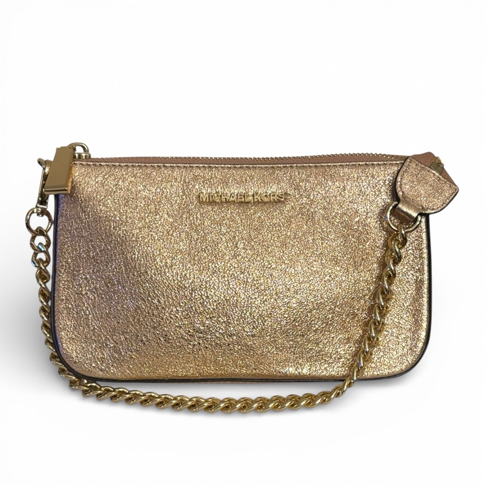 Michael Kors Jet Set Rose Gold Glitter Pochette On Gold Chain